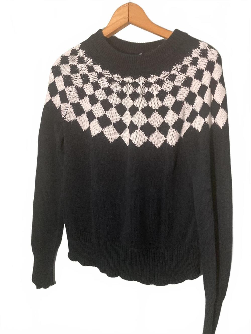 Margaret O'Leary Black and White Diamond Pattern Cotton Sweater S/M
